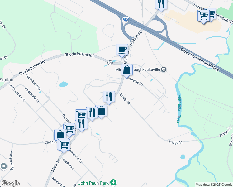 map of restaurants, bars, coffee shops, grocery stores, and more near 35 Main Street in Lakeville