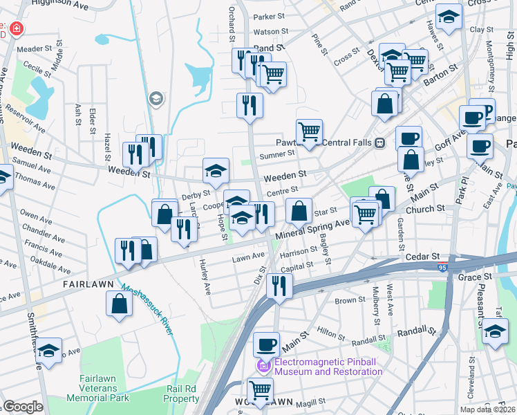 map of restaurants, bars, coffee shops, grocery stores, and more near 12 Baldwin Street in Pawtucket