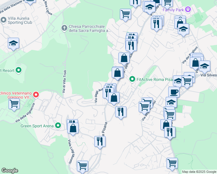 map of restaurants, bars, coffee shops, grocery stores, and more near 45 Via degli Antamoro in Roma