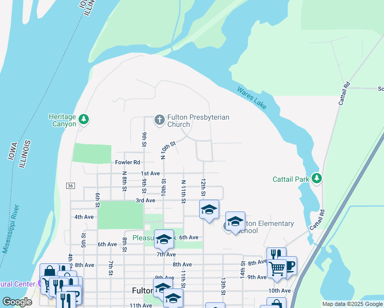 map of restaurants, bars, coffee shops, grocery stores, and more near 201 Maple Lane in Fulton