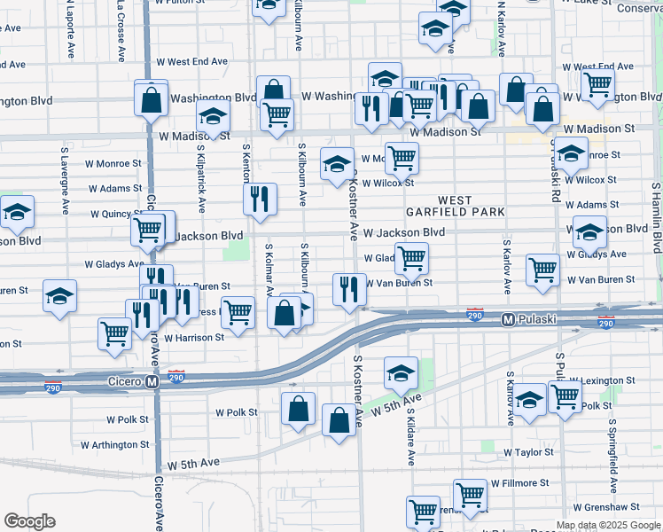 map of restaurants, bars, coffee shops, grocery stores, and more near 4434 West Van Buren Street in Chicago
