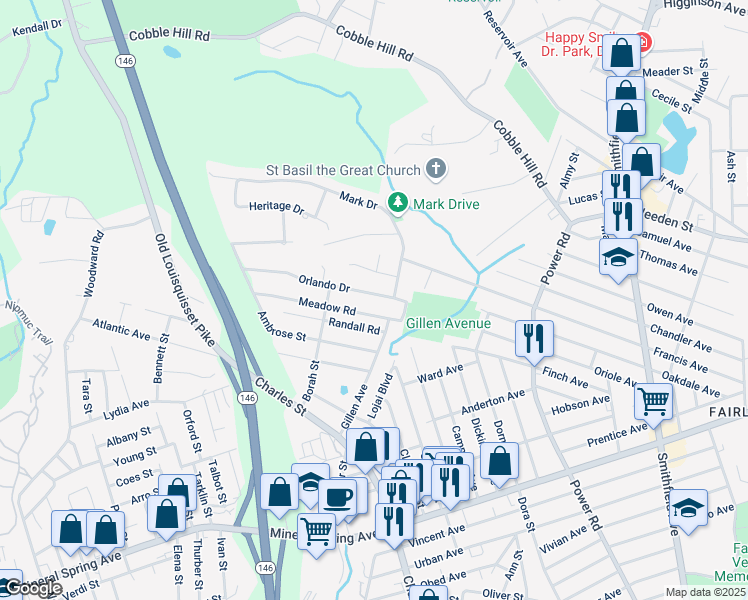 map of restaurants, bars, coffee shops, grocery stores, and more near 81 Meadow Road in North Providence