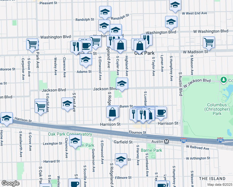 map of restaurants, bars, coffee shops, grocery stores, and more near 711 South Cuyler Avenue in Oak Park