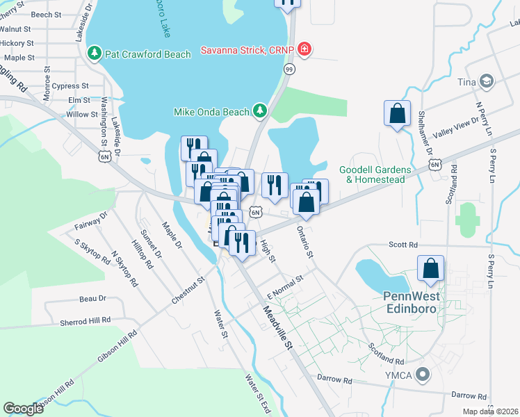 map of restaurants, bars, coffee shops, grocery stores, and more near 121-199 E Plum St in Edinboro