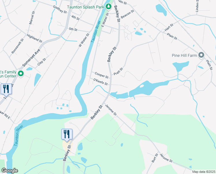 map of restaurants, bars, coffee shops, grocery stores, and more near 378 Berkley Street in Taunton