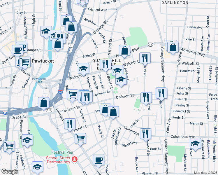 map of restaurants, bars, coffee shops, grocery stores, and more near 130 Johnson Street in Pawtucket