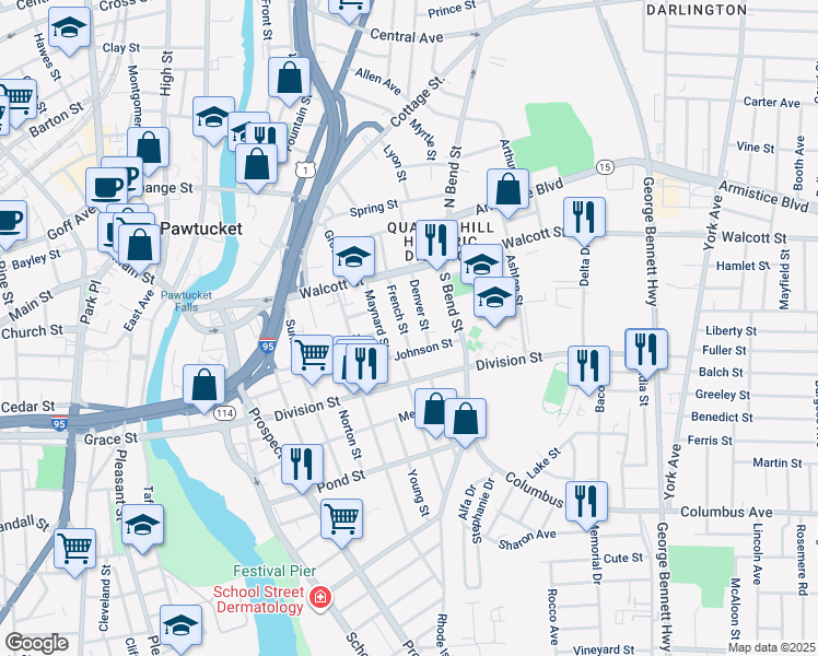 map of restaurants, bars, coffee shops, grocery stores, and more near 80 French Street in Pawtucket