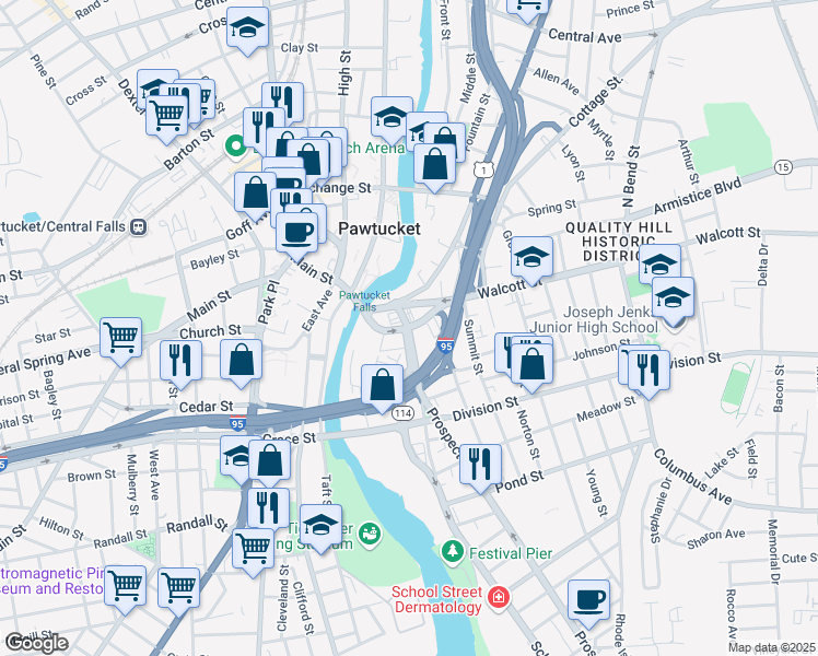 map of restaurants, bars, coffee shops, grocery stores, and more near 1 School Street in Pawtucket