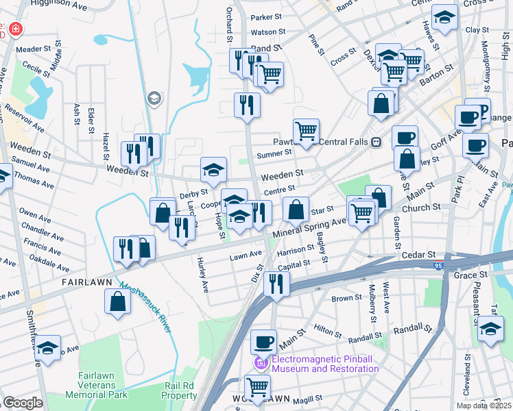 map of restaurants, bars, coffee shops, grocery stores, and more near 12 Baldwin Street in Pawtucket