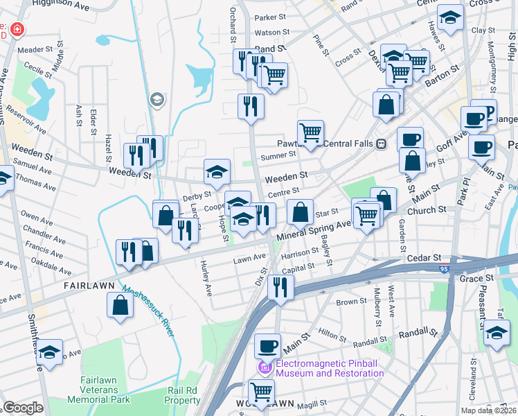 map of restaurants, bars, coffee shops, grocery stores, and more near 12 Baldwin Street in Pawtucket