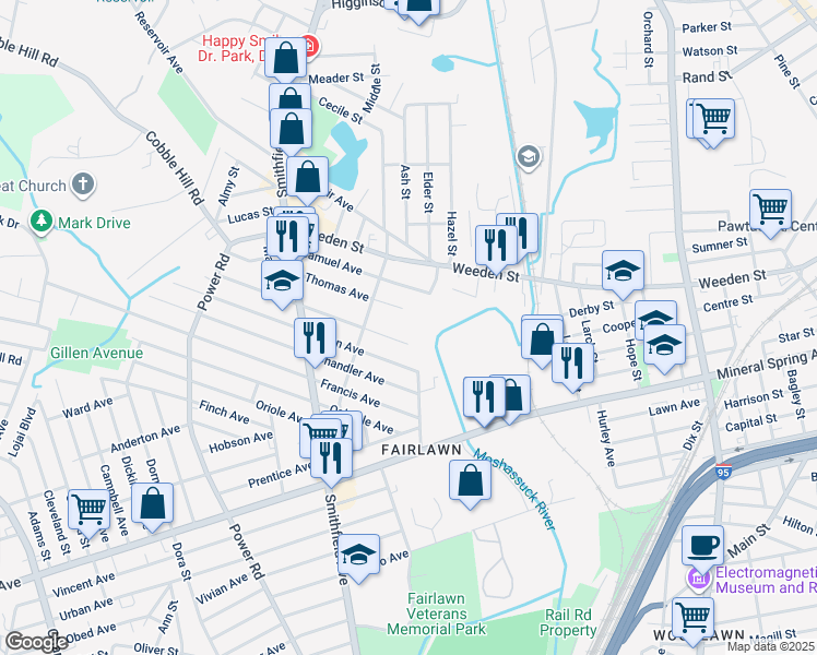 map of restaurants, bars, coffee shops, grocery stores, and more near 17 Morris Avenue in Pawtucket