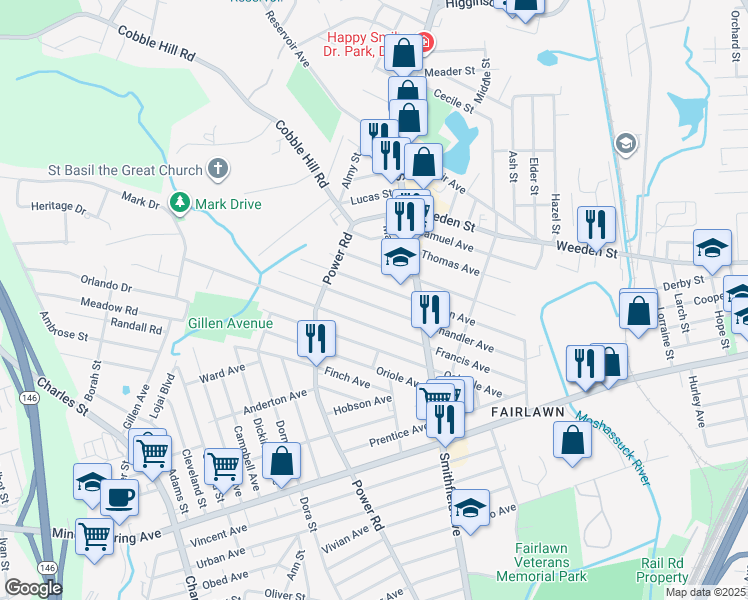 map of restaurants, bars, coffee shops, grocery stores, and more near 18 Chandler Avenue in Pawtucket