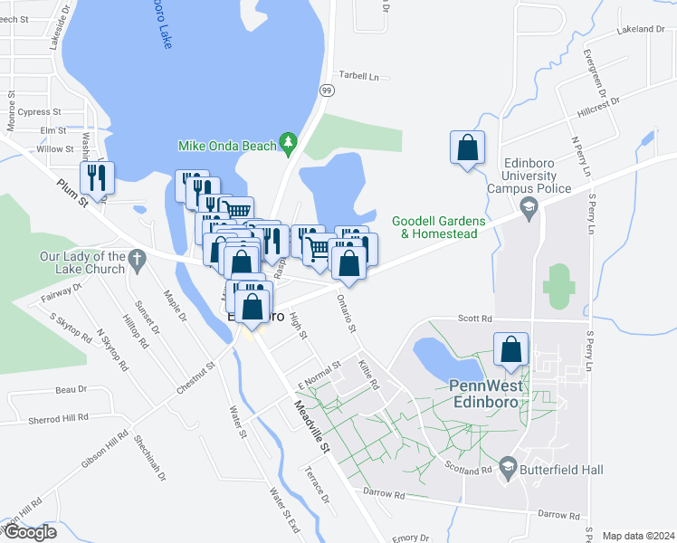 map of restaurants, bars, coffee shops, grocery stores, and more near 128 East Plum Street in Edinboro