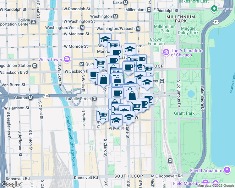 map of restaurants, bars, coffee shops, grocery stores, and more near 514 South State Street in Chicago
