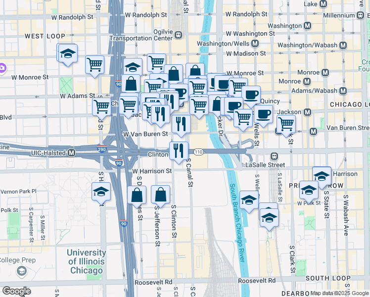 map of restaurants, bars, coffee shops, grocery stores, and more near 506 West Harrison Street in Chicago