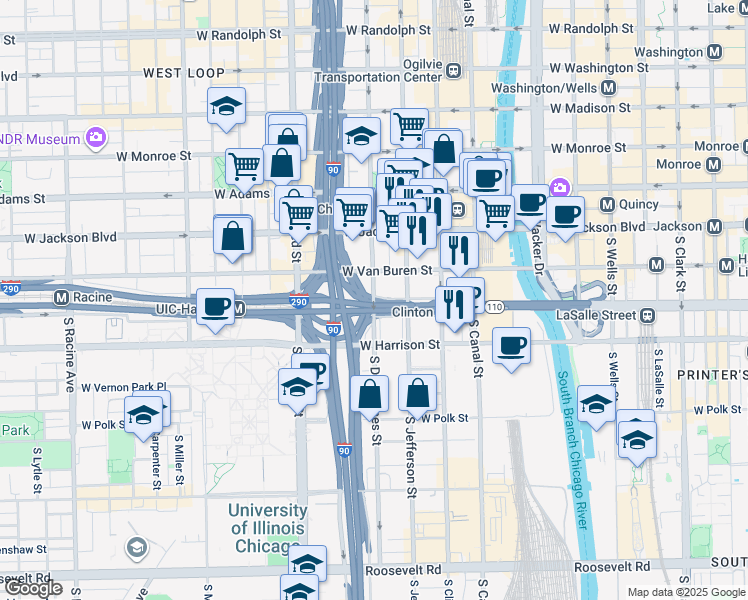 map of restaurants, bars, coffee shops, grocery stores, and more near 441 South Desplaines Street in Chicago