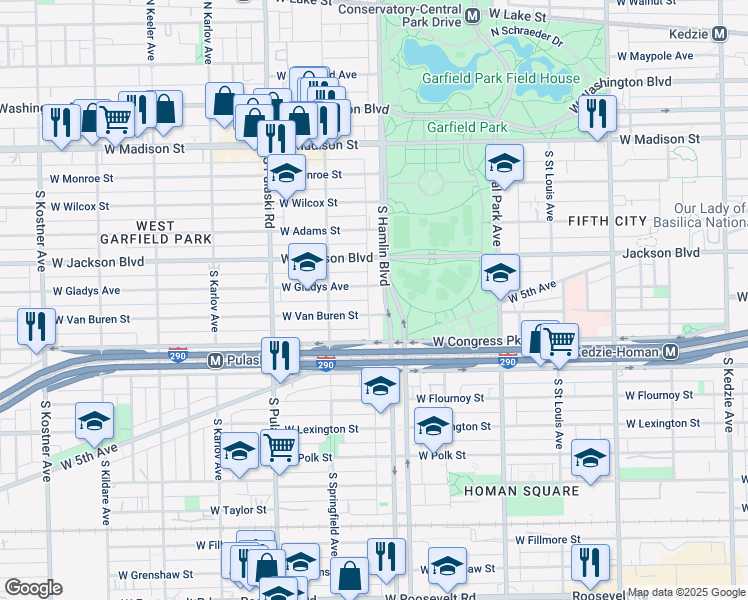 map of restaurants, bars, coffee shops, grocery stores, and more near 3820 West Van Buren Street in Chicago