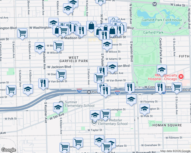 map of restaurants, bars, coffee shops, grocery stores, and more near 4050 West Van Buren Street in Chicago