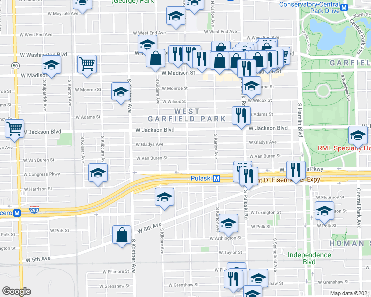 map of restaurants, bars, coffee shops, grocery stores, and more near 4200 West Van Buren Street in Chicago
