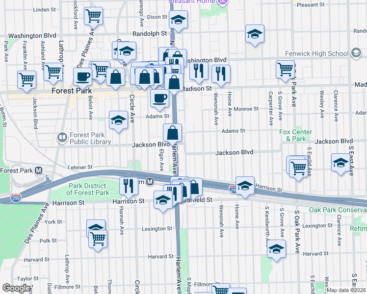 map of restaurants, bars, coffee shops, grocery stores, and more near 733 South Maple Avenue in Oak Park