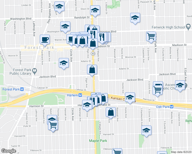 map of restaurants, bars, coffee shops, grocery stores, and more near 733 South Maple Avenue in Oak Park