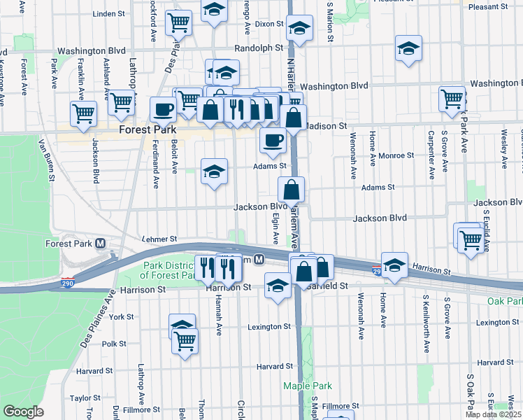 map of restaurants, bars, coffee shops, grocery stores, and more near 611 Marengo Avenue in Forest Park