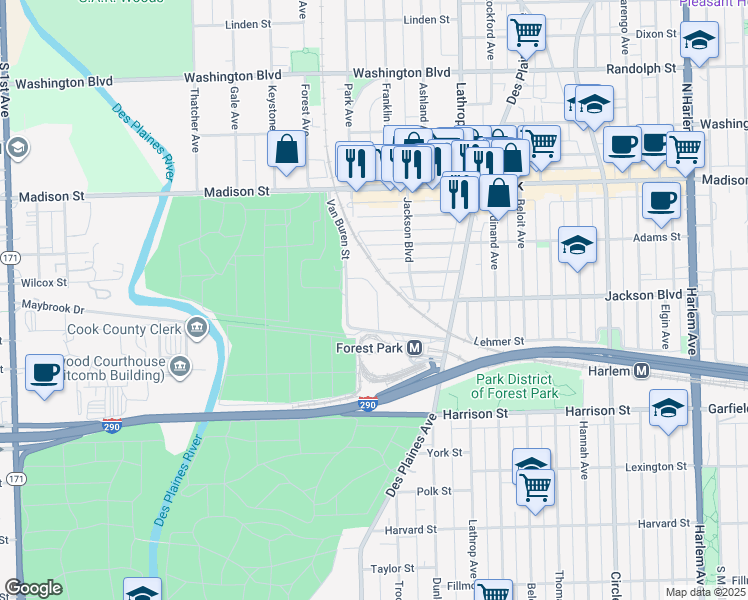map of restaurants, bars, coffee shops, grocery stores, and more near 7753 Van Buren Street in Forest Park
