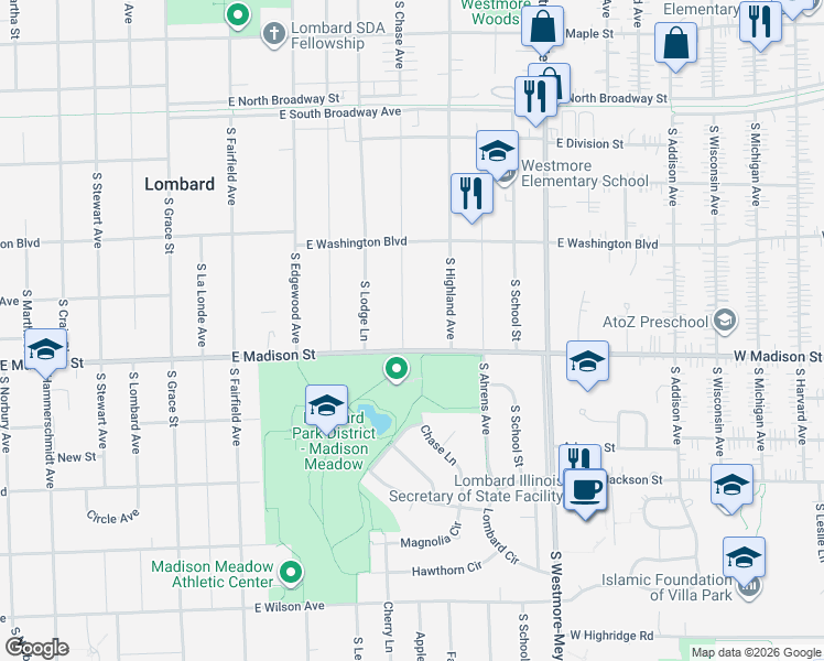 map of restaurants, bars, coffee shops, grocery stores, and more near 734 East Madison Street in Lombard