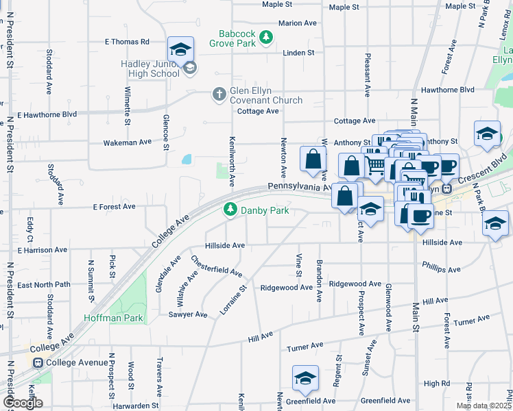map of restaurants, bars, coffee shops, grocery stores, and more near 310 Duane Street in Glen Ellyn