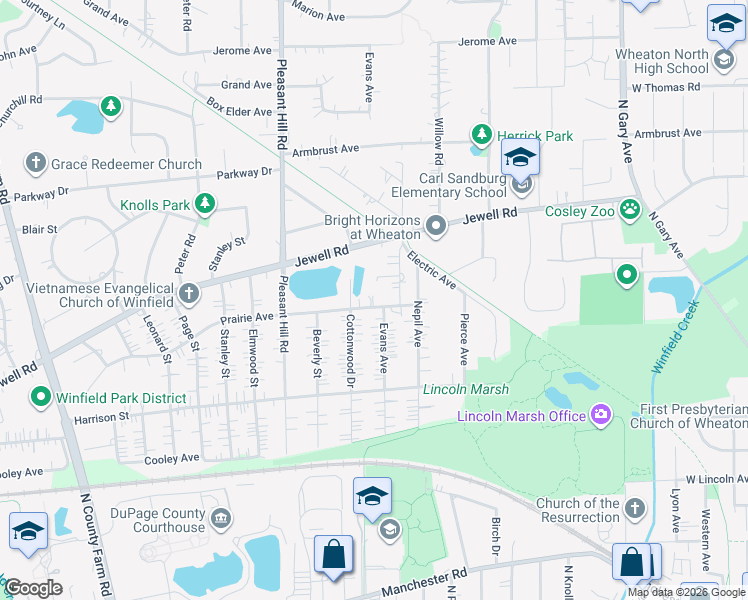 map of restaurants, bars, coffee shops, grocery stores, and more near N135 Cottonwood Drive in Wheaton