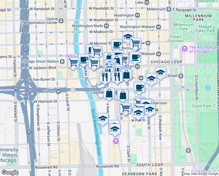 map of restaurants, bars, coffee shops, grocery stores, and more near 414 South LaSalle Street in Chicago