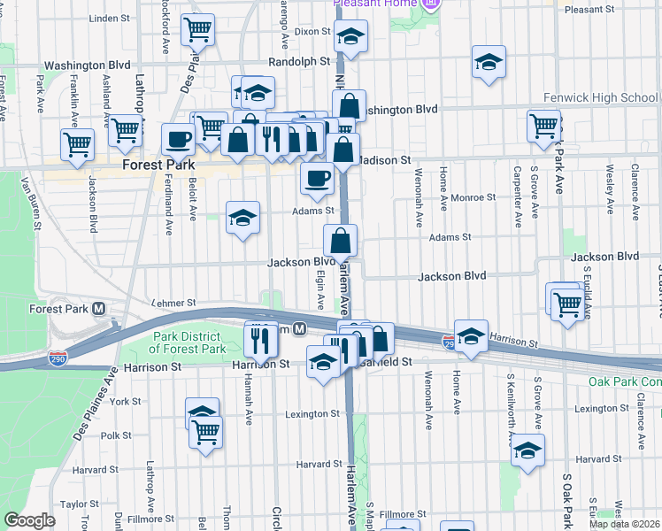 map of restaurants, bars, coffee shops, grocery stores, and more near 610 Elgin Avenue in Forest Park