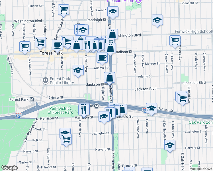 map of restaurants, bars, coffee shops, grocery stores, and more near 7212 Jackson Boulevard in Forest Park