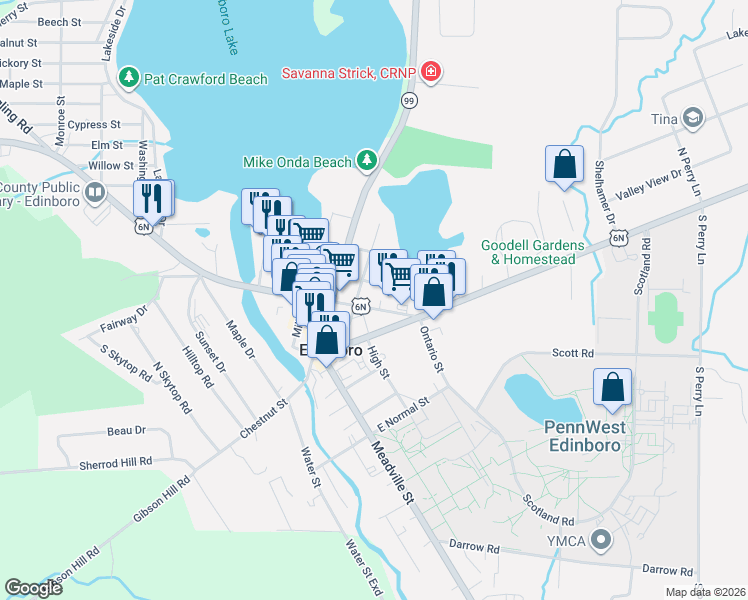 map of restaurants, bars, coffee shops, grocery stores, and more near 121-199 E Plum St in Edinboro