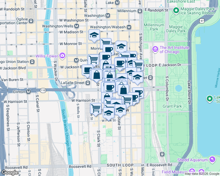 map of restaurants, bars, coffee shops, grocery stores, and more near 431 South Dearborn Street in Chicago