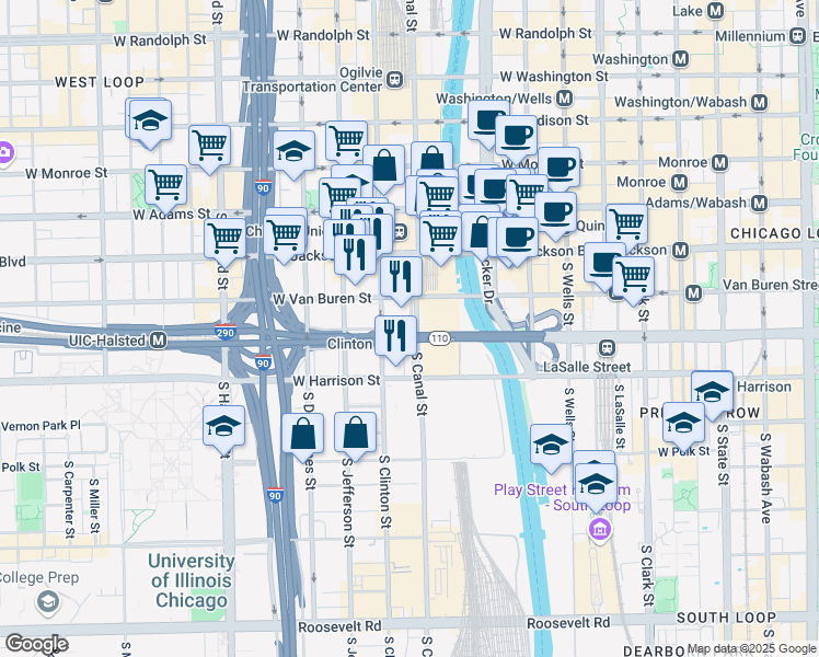 map of restaurants, bars, coffee shops, grocery stores, and more near 610 South Canal Street in Chicago