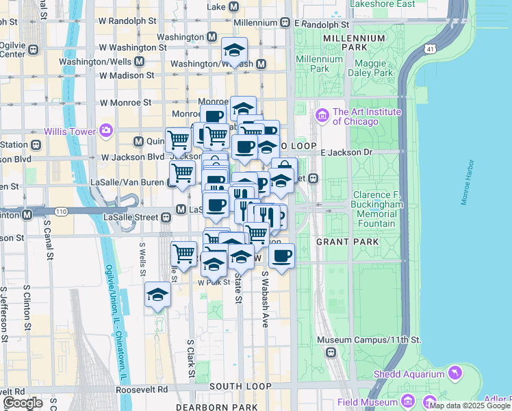 map of restaurants, bars, coffee shops, grocery stores, and more near 820-828 South Wabash Avenue in Chicago