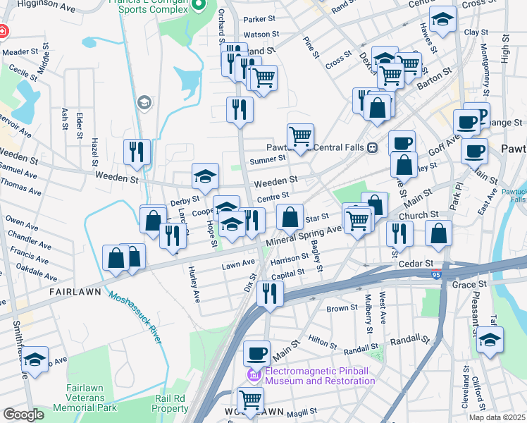 map of restaurants, bars, coffee shops, grocery stores, and more near 273 Lonsdale Avenue in Pawtucket