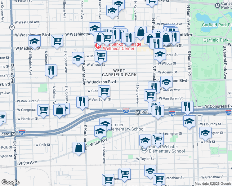 map of restaurants, bars, coffee shops, grocery stores, and more near 4200 West Van Buren Street in Chicago