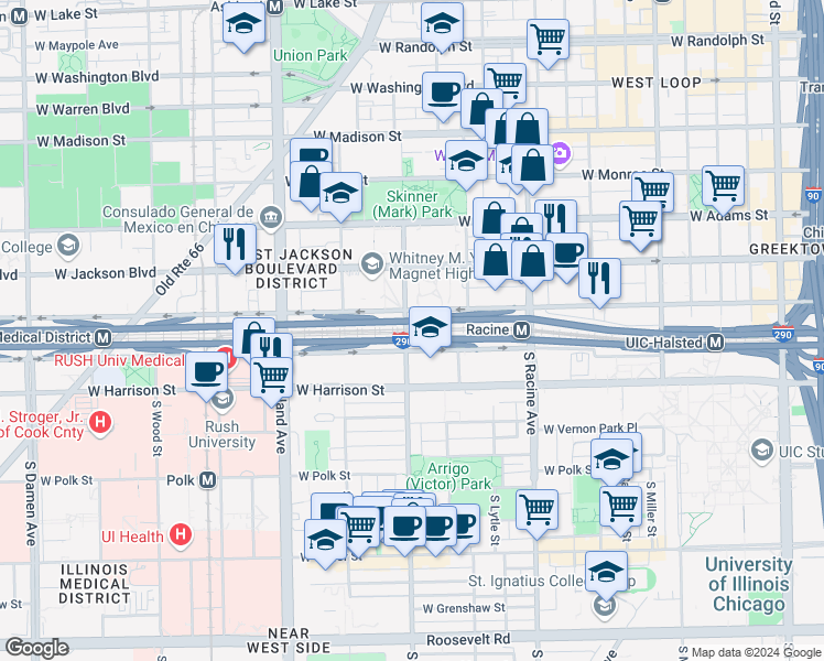 map of restaurants, bars, coffee shops, grocery stores, and more near 430 South Racine Avenue in Chicago