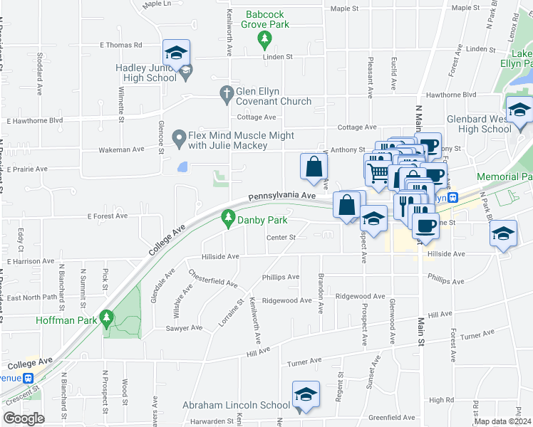 map of restaurants, bars, coffee shops, grocery stores, and more near 330 Duane Street in Glen Ellyn