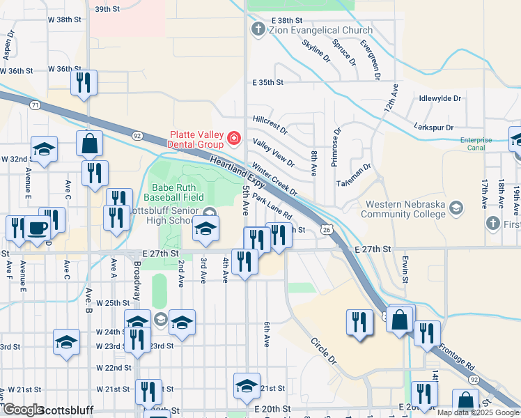 map of restaurants, bars, coffee shops, grocery stores, and more near 2801-2819 6th Avenue in Scottsbluff
