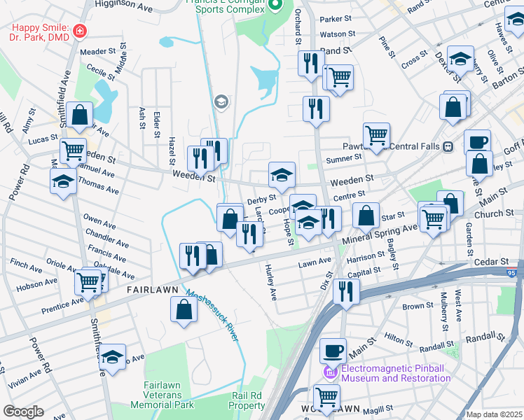 map of restaurants, bars, coffee shops, grocery stores, and more near 54 Cooper Street in Pawtucket