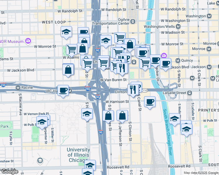 map of restaurants, bars, coffee shops, grocery stores, and more near 441 South Desplaines Street in Chicago