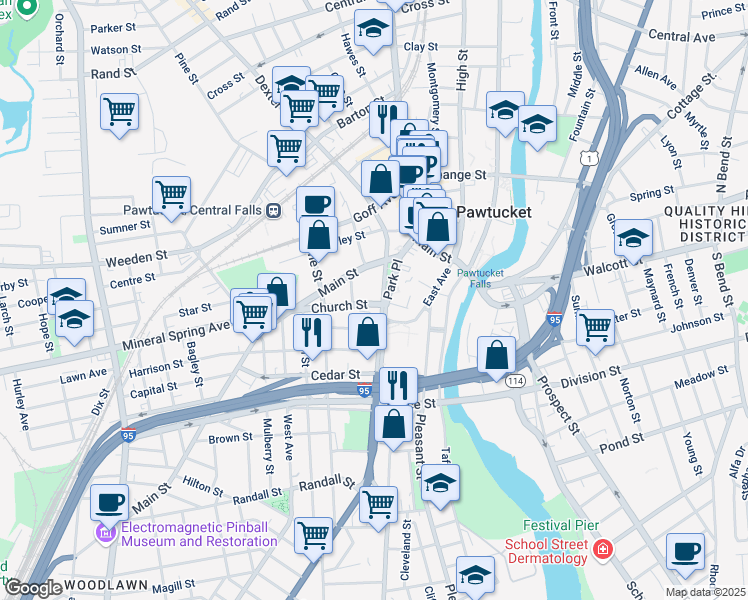 map of restaurants, bars, coffee shops, grocery stores, and more near 81 Park Place in Pawtucket