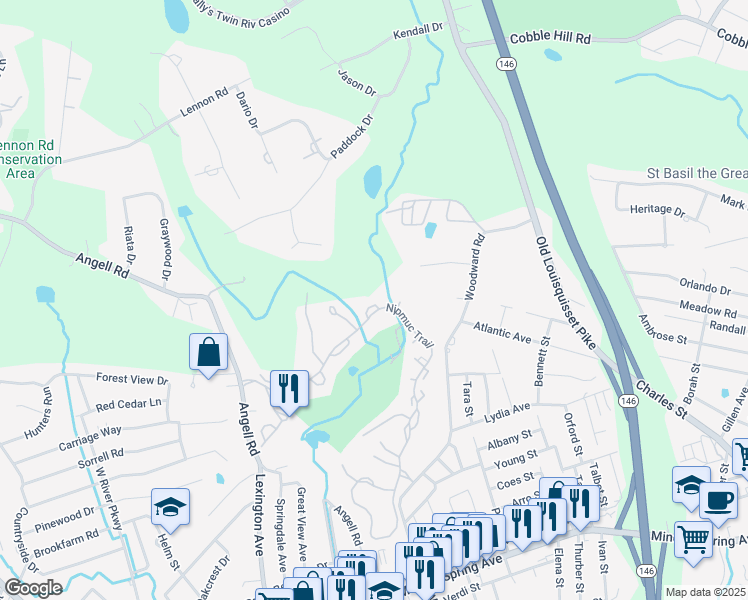 map of restaurants, bars, coffee shops, grocery stores, and more near 32B Nipmuc Trail in North Providence