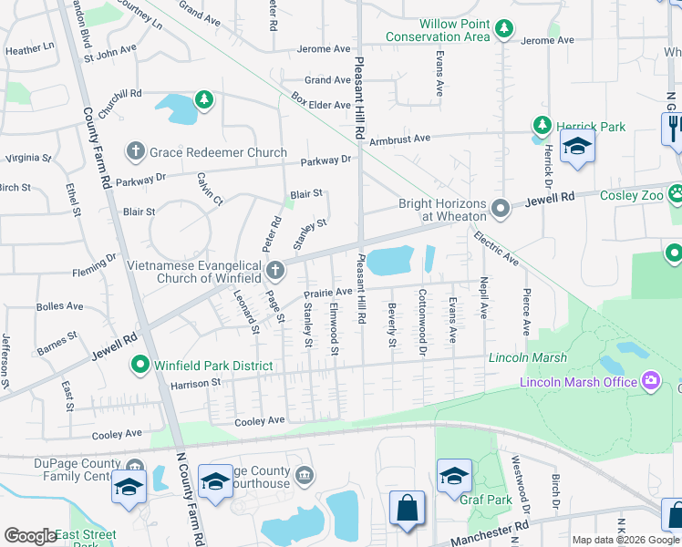 map of restaurants, bars, coffee shops, grocery stores, and more near N157 Elmwood Street in Winfield