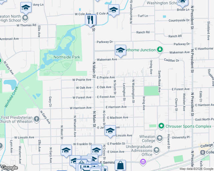 map of restaurants, bars, coffee shops, grocery stores, and more near 124 East Oak Avenue in Wheaton