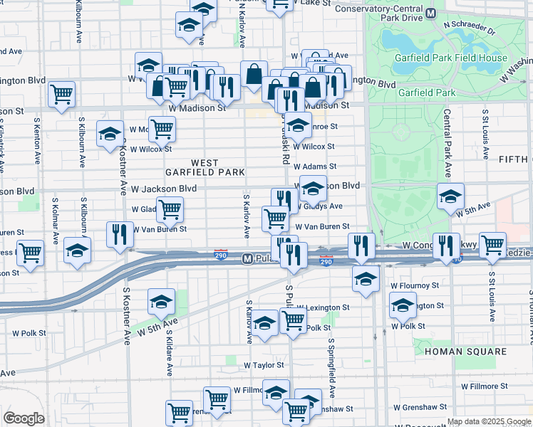 map of restaurants, bars, coffee shops, grocery stores, and more near 4050 West Van Buren Street in Chicago