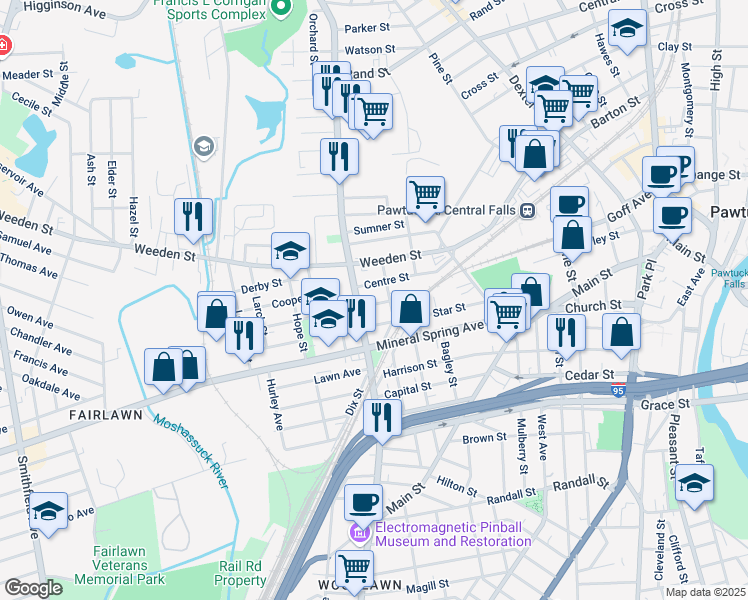 map of restaurants, bars, coffee shops, grocery stores, and more near 273 Lonsdale Avenue in Pawtucket